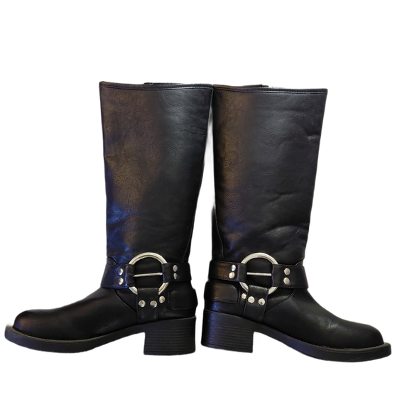 Tall Black Motorcycle Boot Women's Knee High Buckled Lug Sole Riding Boot Sz 6 - Picture 2 of 9